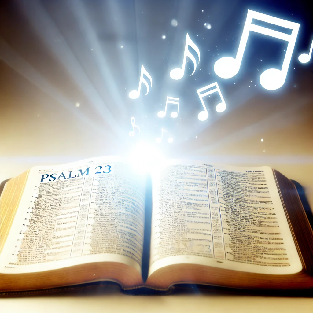 An open Bible with musical notes rising from its pages, illuminated by a soft golden light, symbolizing the connection between Scripture and gospel music. The Bible is opened to Psalm 23, with notes floating gently upwards, representing divine inspiration flowing through anointed gospel music.