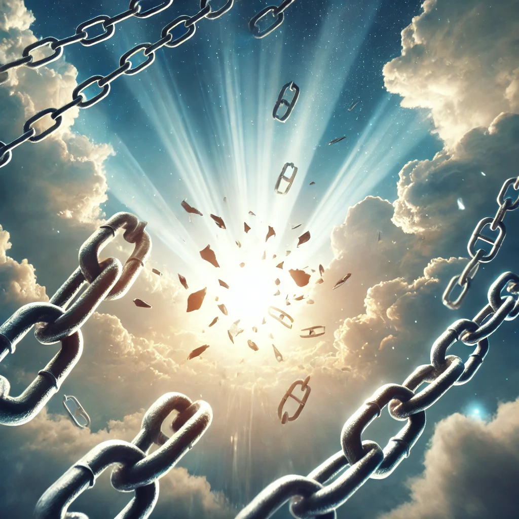 Inspirational image of chains breaking apart in mid-air with a radiant light shining down, symbolizing spiritual freedom and deliverance through faith. The background shows parting clouds and a bright sky, representing liberation and victory.