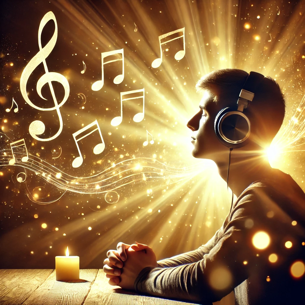 An uplifting scene with a person listening to gospel music through headphones, surrounded by a peaceful glow, symbolizing the divine connection and spiritual benefits of anointed gospel music.