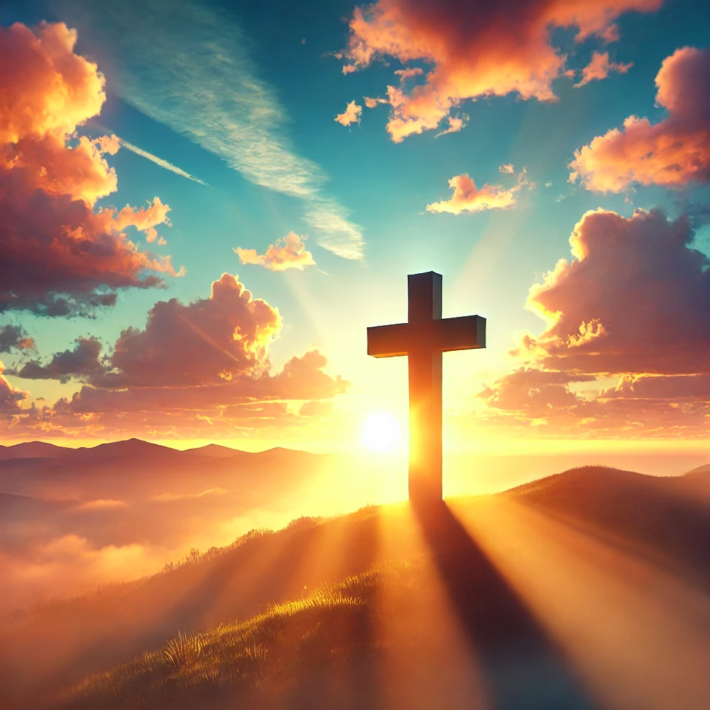 A scenic sunrise with a cross symbolizing hope and divine presence.