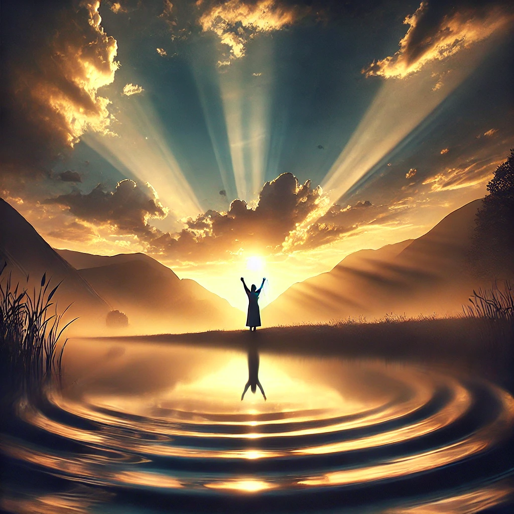 A serene and emotional landscape at dusk, with golden rays of light filtering through the clouds. A figure stands with arms raised in reverence, reflecting the powerful emotions of Pentatonix's "Hallelujah." Peaceful water reflects the sky’s colors, adding a sense of calm and transcendence.