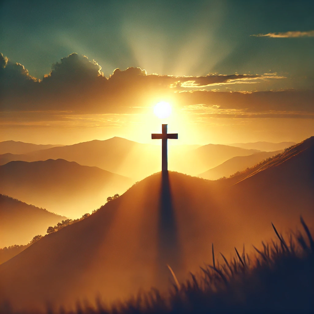 In Christ Alone, a cross illuminated by the light of a rising sun on a hill, symbolizing hope and resurrection in Christ.