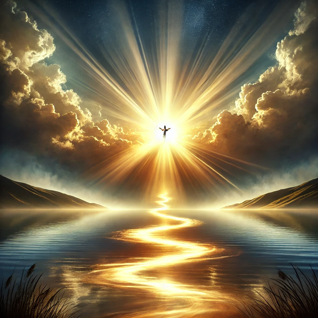 A spiritual and uplifting scene inspired by the song "Way Maker," depicting a radiant light breaking through dark clouds with a golden path emerging toward a bright horizon. The scene symbolizes hope, faith, and divine intervention.